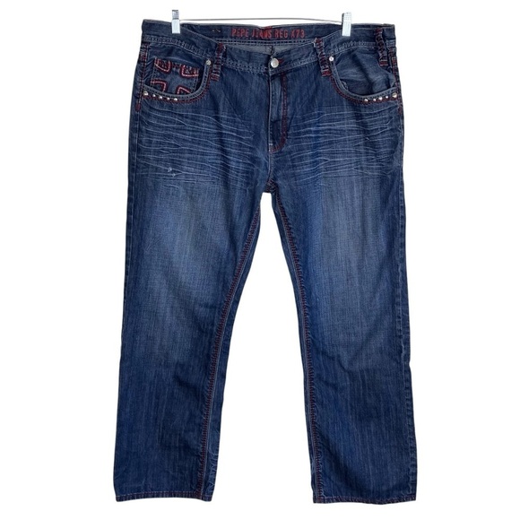 Pepe Jeans London Dark Wash Relaxed Jeans Jewel Studded Cross Grunge Worn 44x33 - Picture 4 of 16